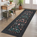 Garvee 2x6 Black Floral Runner Rug, Washable Non-Slip Kitchen Hallway Rug, Vintage Botanical Low Pile Carpet for Entryway Laundry Bathroom - Black