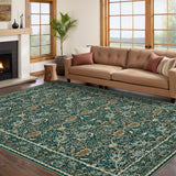 Garvee 6' × 9' Vintage Floral Border Area Rug, Machine Washable Non-Slip Low-Pile Soft Rug for Living Room, Bedroom & Nursery, Green - Green