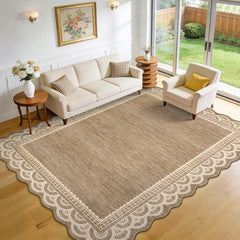 Garvee Scalloped Lace 5x7 Area Rug for Living Room, Brown Rug for Bedroom Dorm, Washable Rugs Soft Low Pile Non Slip Scalloped Rugs for Under Table Nursery College Bedroom Playroom, Brown - Lace|Brown