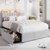 Garvee Velvet Upholstered Queen Bed Frame with Storage Drawers, Bookcase Headboard, LED Lights, Noise-Free, Easy Assembly, Ideal for Kids or Teens, No Box Spring Needed - Gray, Queen Size - Velvet Grey-Led