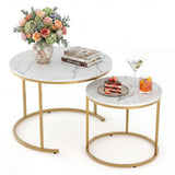 Garvee 23.6/15.7 Inch Round Nesting Coffee Table Set of 2, Round Coffee Table for Living Room, Space Saving Nesting Tables with Faux Marble Top, Metal Frame, Adjustable Feet for Bedroom, White - White