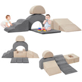 Garvee Child-Centered Soft Foam Climbing Sofa for Toddlers – 7-Piece Indoor Kids Furniture Set with Slide, Tunnel, Stairs, Extended Ramp, Removable Washable Suede Covers, Non-Slip – Gray Beige