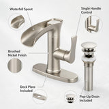 Garvee Waterfall Bathroom basin Faucet, Single Handle for 1 or 3-Hole basin with Deck Plate, Pop-Up Drain & Supply Lines Included - Single handle waterfall faucet, with base plate, brushed - Brushed Nickel