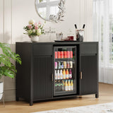 Garvee 53" Wine Cabinet Coffee Bar with Charging Station & Fluted Doors, Wood Countertop, Drawers & Adjustable Shelves, Black, Living & Dining Room - Black