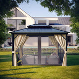 Garvee Hardtop Gazebo 12 ft x14 ft for All Weather, with Double Metal Roof, Aluminum Alloy Frame, Net, and Curtain, Permanent Building for Patio, Deck, Backyard, Lawn, and Garden, Khaki