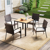 Garvee Patio Dining Set, 5-Piece Wicker Table and Chair Set with Umbrella Hole and Soft Cushions, Black and White, for Backyard Garden Poolside and Deck