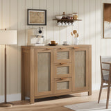 Garvee Rattan Buffet Sideboard Cabinet, Coffee Bar Cabinet with 3 Drawers, Boho Kitchen Accent Storage Cabinet for Dining Room, Living Room, Entryway, Light / Dark Oak