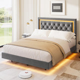 Garvee Floating Platform Bed Frame with Smart LED Lights - Upholstered Diamond Tufted Headboard - Sturdy Wood Slats - Noise-Free - No Box Spring Needed - Easy Assembly - Full Size - Grey - Gray