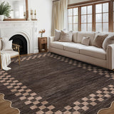 Garvee 4' × 6' Scalloped Bordered Solid Area Rug, Machine Washable Non-Slip Low-Pile Stain-Resistant Rug for Living Room, Bedroom & Dining Room, Brown - Brown