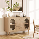 Garvee 47.2" Sideboard Buffet Cabinet with 2 Fluted Glass Doors & 3 Drawers, Modern Farmhouse Accent Coffee Bar with Adjustable Shelves for Kitchen, Living Room, Hallway, Natural