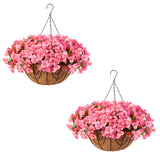 Garvee Realistic Artificial Pink Geranium Flowers with Hanging Baskets – 24 Bundles Silk Plants – Indoor Outdoor Porch, Balcony, Patio, Garden Decor – Durable Natural Fiber Basket – Pink