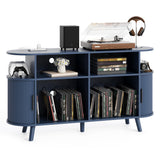 Garvee 55.1" Round Record Player Stand with Vinyl Storage, Mid-Century Modern Turntable Cabinet, USB Charging Ports & Power Outlets, Open Display Shelves - Blue - Blue