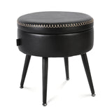 Garvee Multi-Functional Round Storage Ottoman Stool – Faux Leather Upholstered Seat, Wooden Lid, Sturdy Steel Legs, Footrest or Vanity Bench for Living Room, Bedroom, or Entryway – Oiled Wax Black