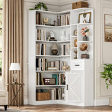 Garvee 74'' Tall Corner Bookshelf - 6-Tier Book Shelf with Drawer and Cabinets, l-Shaped Bookcase Open Storage Shelves Modern Display Shelf for Home, Office - White