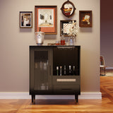 Garvee Wine Bar Cabinet with Tempered Glass Door & Rack , 30.7" Freestanding Modern Buffet Sideboard for Dining Room, Kitchen Coffee Bar & Liquor Storage Cabinet with Drawers and Glass Holder