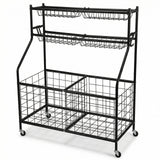 Garvee 3-Tier Sports Equipment Storage Cart with Wheels, Heavy Duty Rolling Ball Organizer for Basketball, Garage Storage Rack with Side Hooks for Yoga Mats & Jump Ropes, 37.2"L x 16.5"W x 45.3"H - Black