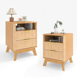 Garvee 2 Pack 18" Modern Fluted Nightstand with Charging Station, Curved Profile Side Table with 2 Drawers, Multi-Functional End Table for Bedroom & Living Room, Natural Oak - Natural Oak