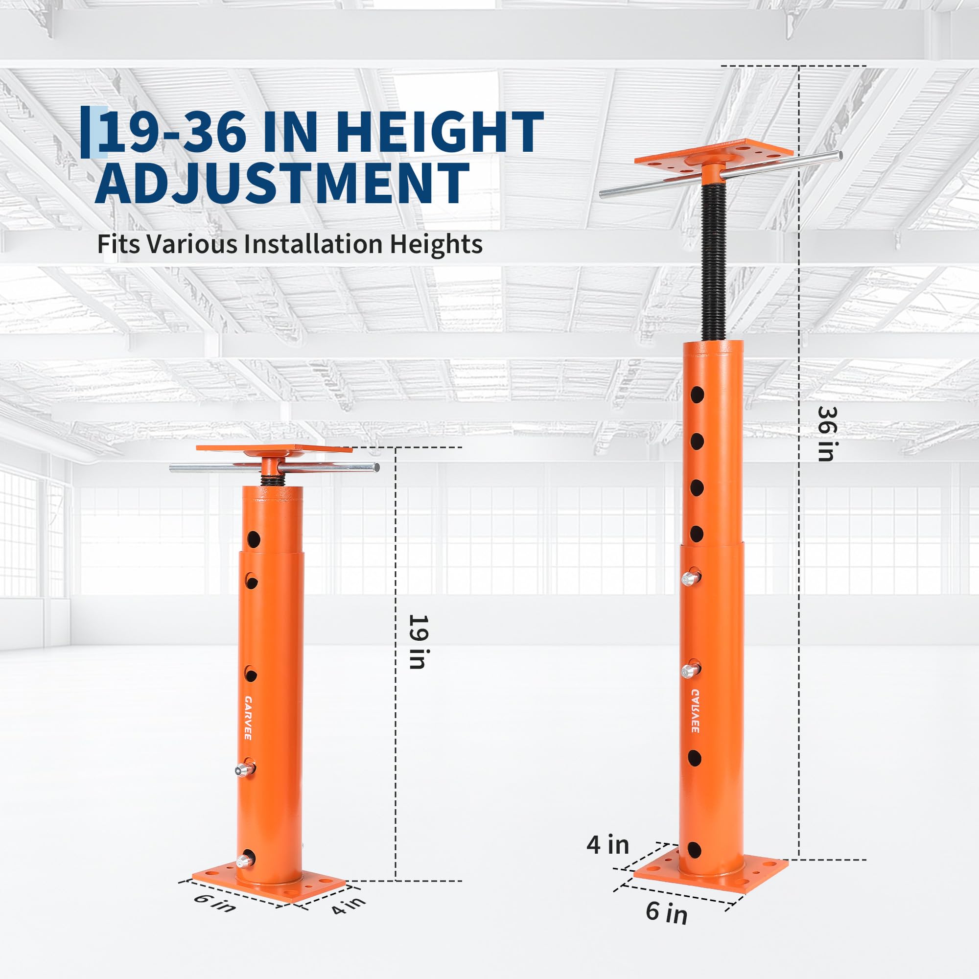 Adjustable jack post showing a 19" to 36" height range and 6"×4" base dimensions