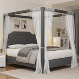 Garvee Full Size Canopy Bed Frame with Upholstered Headboard, Four Poster Design, Button Tufted, and Slide Rail, No Box Spring Required, Wooden Slatted Structure, Gray - Gray