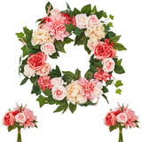Garvee Vivid Peony & Rose Spring Wreath Set – Artificial Silk Flowers on Rattan, Farmhouse Front Door or Table Decor, 2 Bouquets Included, Ideal for Mother's Day, Wedding, Year-Round, Size: 24inch - Rose