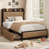 Garvee Metal Platform Bed Frame with 2 Storage Drawers & Charging Station, Upholstered Headboard, No Box Spring Needed - Twin - Black Tube/Brown - Black Tube + Brown