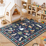 Garvee Washable Area Rug for Living Room, Bedroom, or Dining Room – Non-Slip, Mark Resistant, Low Pile, Soft Collapsible Modern Farmhouse Carpet with Floral Cat Design – Blue, 8x10ft - Blue