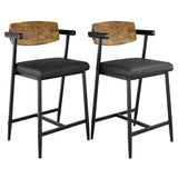 Garvee Set of 2 26" Counter-Height Bar Stools with Arms, Upholstered Wide Seat, Wooden Backrest, Metal Legs with Footrest, Modern Kitchen Island Bar Chairs, Classic Brown, Wooden Backrest - Rustic Brown