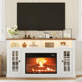 Garvee Modern TV Stand for TVs Up to 70 Inches, Entertainment Center with LED Lights, Glass Door Cabinets & Adjustable Shelf, Wood Grain Console Table for Living Room(White) - White