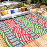 Garvee Reversible Waterproof Outdoor Rug – Boho Geometric Plastic Straw Mat – Collapsible & Easy Care – For Patio, Garden, RV, Deck, Picnic, Beach – Green/Blue/Pink/Beige - Multicolor (Red / Green / Blue)