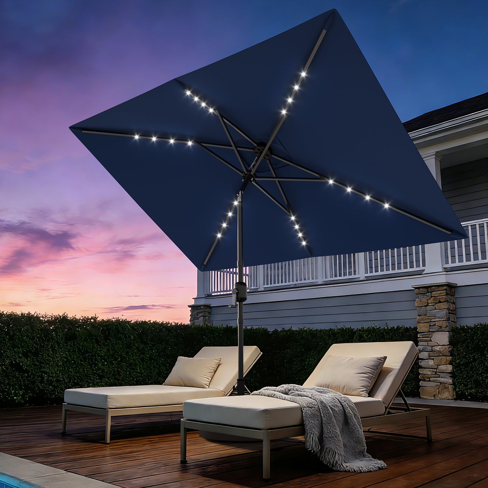 Garvee Solar Powered LED Patio Umbrella - 10'x6.5' Rectangular Outdoor Market Table Parasol - Navy Blue - Crank Lift & Push Button Tilt
