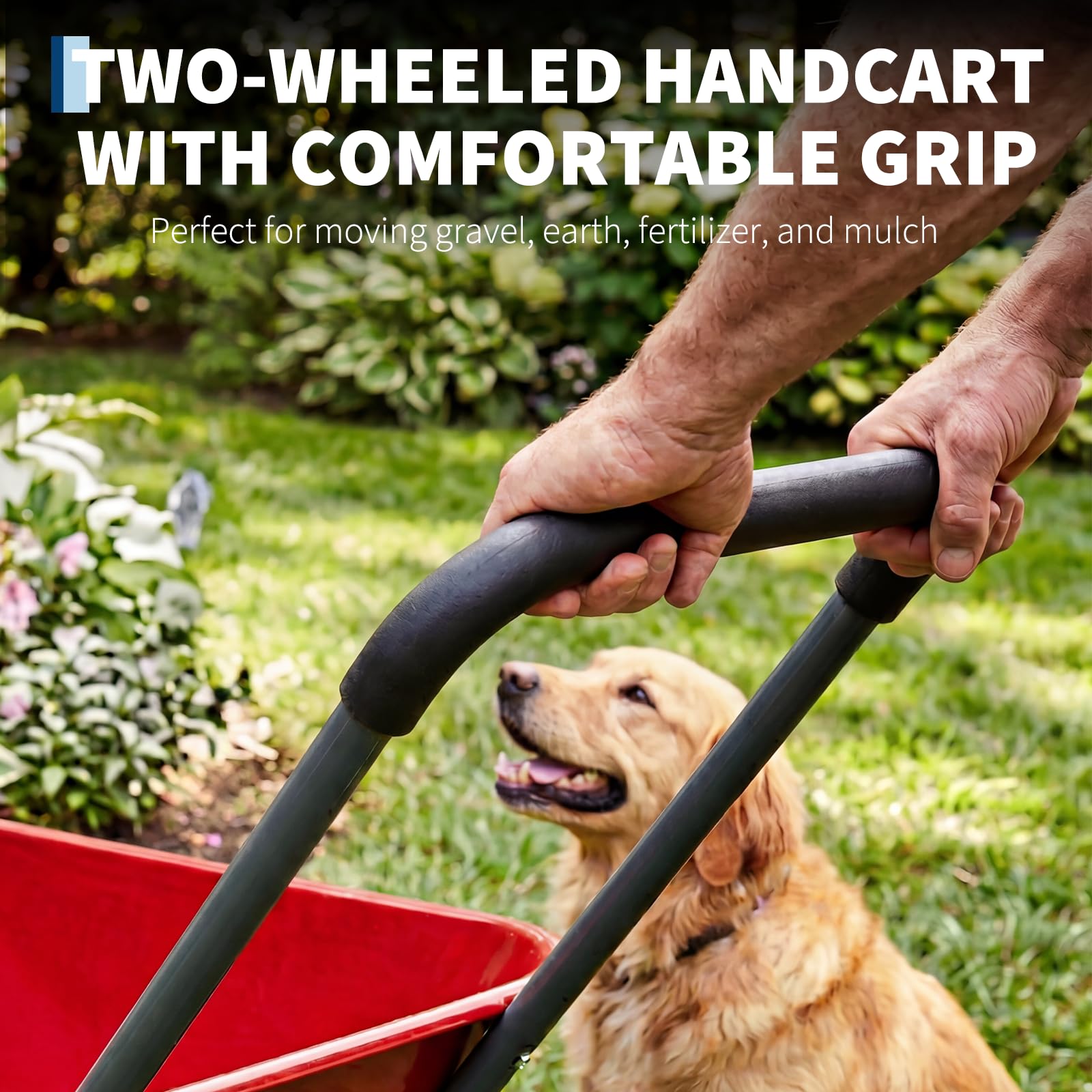GARVEE wheelbarrow tipping mulch during garden cleanup