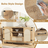 Garvee Farmhouse Rattan Sideboard Buffet Cabinet – Large Storage, Drawer & Open Shelves – Coffee Bar for Dining or Living Room – Wood Color