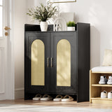 Garvee Modern Closed Shoe Cabinet with Doors, Wooden Rattan Shoe Storage Organizer for Entryway/Hallway/Living Room - Hidden Shoe Rack with Shelves - Color: Black Oak - Black