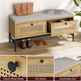 Garvee Rattan Shoe Storage Bench with 2 Drawers - Wooden Entryway Furniture - Linen Seat Cushion - Ideal for Hallway, Bedroom, or Foyer - Modern Design, Ample Storage - Color: Gray Oak