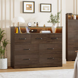 Garvee 7 Drawer Dresser for Bedroom - 47.2” Wide Double Chest of Drawers with LED Light and Charging Station, Large TV Stand Cabinet Organizer with Open Shelf for Living Room, Entryway, Hallway, Brown - Dark Oak