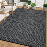 Garvee Reversible Outdoor Plastic Mat - Modern Striped Low-Pile Waterproof Area Rug - Lightweight, Easy Clean Patio Carpet for Deck, RV, Balcony, Camping, Backyard - Black and Gray, 9x12ft - Black/Gray