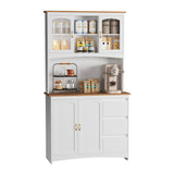 Garvee 71" Tall Kitchen Pantry Cabinet with LED Lights & Charging Station – Storage Hutch with Countertop, 3 Drawers, 4 Doors, Adjustable Shelves, Coffee Bar, Microwave Cabinet for Dining Room – Classic White + Brown, Golden Handle - White
