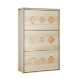 Garvee Slim Hidden Shoe Storage Cabinet for Entryway, Narrow Freestanding Shoe Organizer - 3 Turnover-Down Drawers, Adjustable Shelves, Hollow Flower Design, Diamond Handles - Natural Wood Color, 3-Turnover Bucket - Natural Wood Color