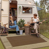 Garvee Reversible Outdoor Plastic Straw Rug - Modern Brown Coffee Striped Patio Carpet - Waterproof, Washable, Non-Slip, Collapsible - Ideal for Garden, Deck, RV, Balcony, 9x18ft - Peony Brown