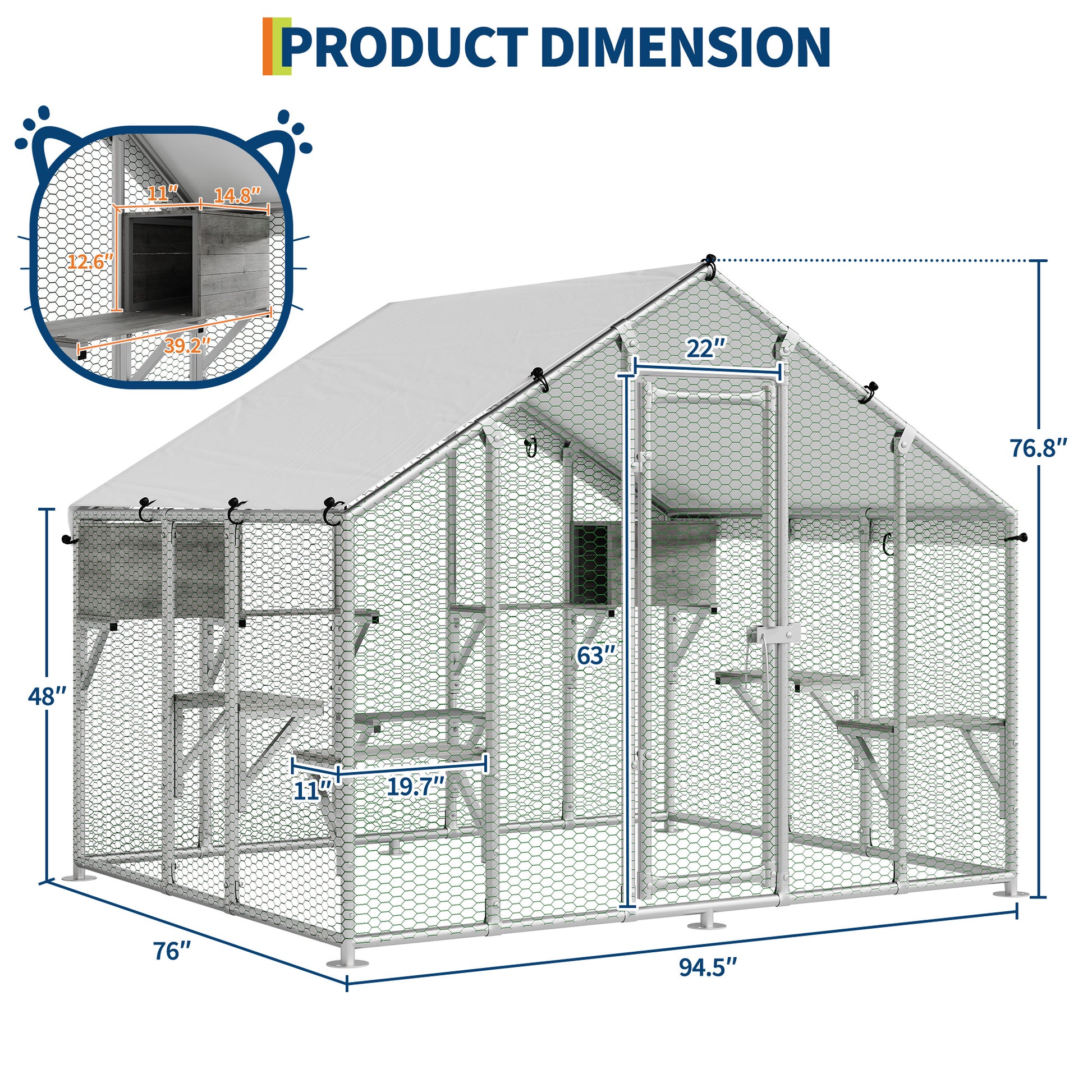 Garvee 94.5" Extra Large Outdoor Catio Cat Enclosure, Galvanized Steel Cat Patio with Waterproof UV-Resistant Roof, Cats Shelter with 7 Platforms and 2 Resting Box for Backyard Patio