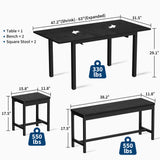 Garvee 5-Piece Extendable Dining Table Set for 4-8 People, 63 Inch Kitchen Table with 2 Benches and 2 Stools, Space Saving Modern Dining Room Furniture, Easy Assembly,Black