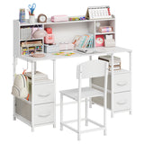 Garvee Kids Study Desk and Chair Set, 47.2" Kids Desk with Hutch & 4 Fabric Storage Drawers, Detachable Hooks Metal Frame Children Writing Table Workstation for 5-12 Boys Girls Bedroom, Home, School - White