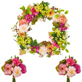 Garvee Lifelike Spring Peony & Hydrangea Wreath - Realistic Silk Floral Decor with Lush Greenery, Rattan Base, 2 Matching Bouquets - Farmhouse Front Door or Wall Decoration, 24 Inch