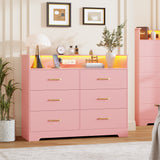 Garvee 6 Drawer Dresser for Bedroom - 47.2” Wide Double Chest of Drawers with LED Light and Charging Station, Modern Large TV Stand Cabinet Organizer with Open Shelf for Living Room, Entryway, Hallway, Pink - Pink