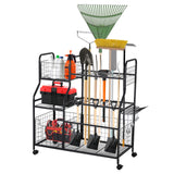 Garvee Heavy Duty Mobile Metal Garden Tool Organizer Rack - Freestanding Rolling Storage Cart with Wheels and Hooks - Holds Up to 32 Long-Handled Tools for Garage, storage unit, Workshop - Black