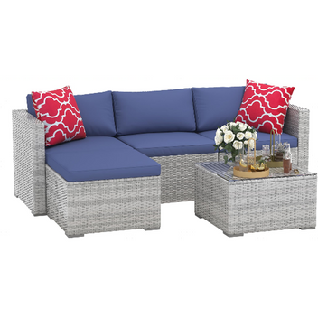Garvee Heavy Duty 5-Piece Wicker Patio Sectional Set, Modular L-Shaped Rattan Sofa for Outdoor Porch, Gray Blue