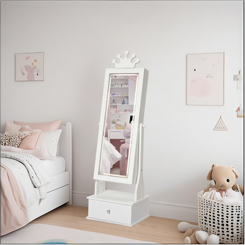 Garvee Freestanding Jewelry Armoire Cabinet with Led Light, Full-Length Mirror and 3 Storage Drawers for Girls, White