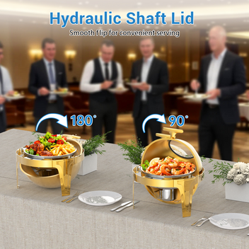 Garvee Roll Top Chafing Dish Buffet Set 6.3 Qt Round Stainless Steel Food Warmer Chafer with Glass Window Gold for Catering Parties Banquets