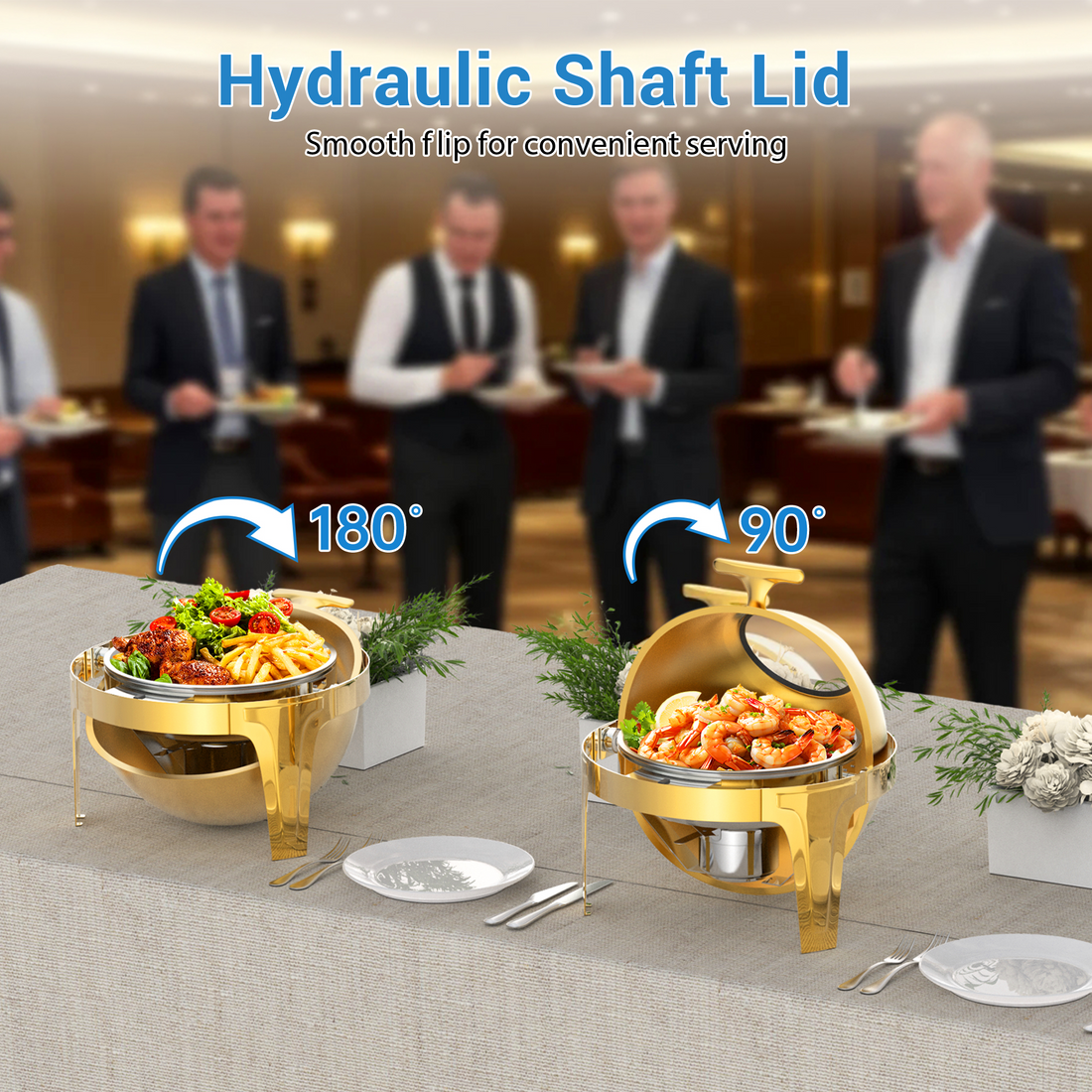 Garvee Roll Top Chafing Dish Buffet Set 6.3 Qt Round Stainless Steel Food Warmer Chafer with Glass Window Gold for Catering Parties Banquets