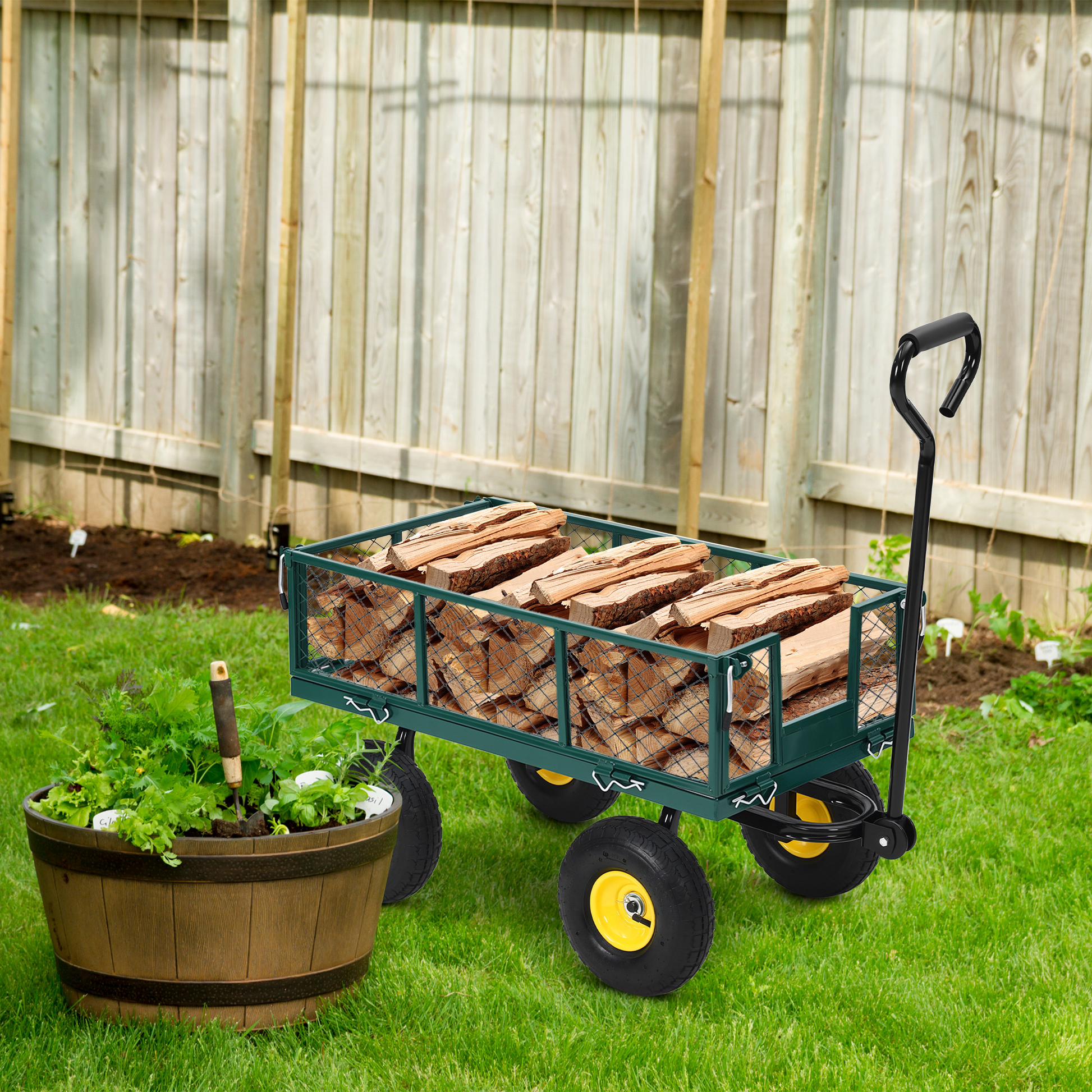 Garvee Heavy Duty Steel Garden Cart 550 LBS Load 3-in-1 Design 10" Pneumatic Tires 180° Rotating Handle Removable Sides for Farm Yard